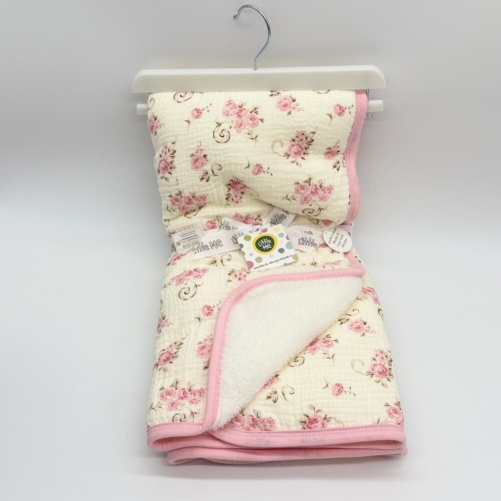 Little Me Muslin Sherpa Pink Floral Roses Baby Blanket 100% Cotton NEW - Picture 4 of 5